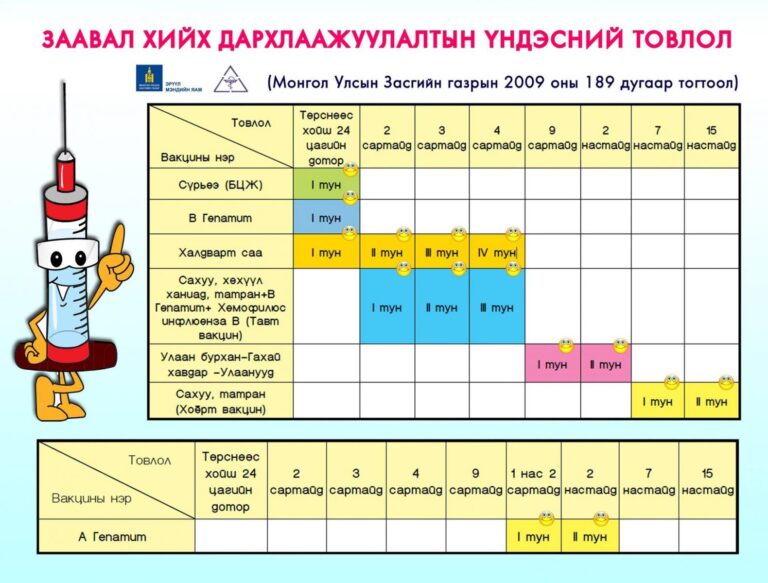 “Дархлаажуулалтын үндэсний товлол" гэж улс орны хэмжээнд заавал хийх дархлаажуулалтад хамрагдах хүүхдийн нас, цаг хугацааны товыг хэлнэ. Манай улсад заавал хийгдэх дархлаажуулалтыг хүн амд үнэ төлбөргүйгээр явуулдаг ба дархлаажуулалтын үндэсний товлолын дагуу хийдэг байна. Заавал хийгдэх дархлаажуулалтад 10 гаруй өвчнөөс сэргийлэх 6 төрлийн вакцин багтдаг. Сүрьеэ, Халдварт саа, Гепатит В, Сахуу, Хөхүүл ханиад, Татран, Хемопелиус инфлюенза, Улаанбурхан, Гахай хавдар, Улаанууд зэрэг Эцэг эх та бүхэн хүүхдээ доорхи дархлаажуулалтын үндэсний товлолын дагуу үнэ төлбөргүй вакцинд хамруулснаар олон халдварт өвчнөөс өөрийгөө болон үр хүүхдээ насан туршид нь хамгаалах, бусдад өвчин тараахаас сэргийлэх ач холбогдолтой.
